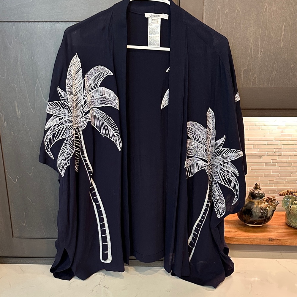 Chico's Navy and White Embroidered Jacket